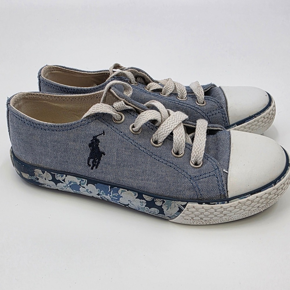 POLO RALPH LAUREN SLONE SNEAKERS GIRLS SIZE 13 CANVAS BLUE FLORAL LOW PONY KIDS - Picture 3 of 10